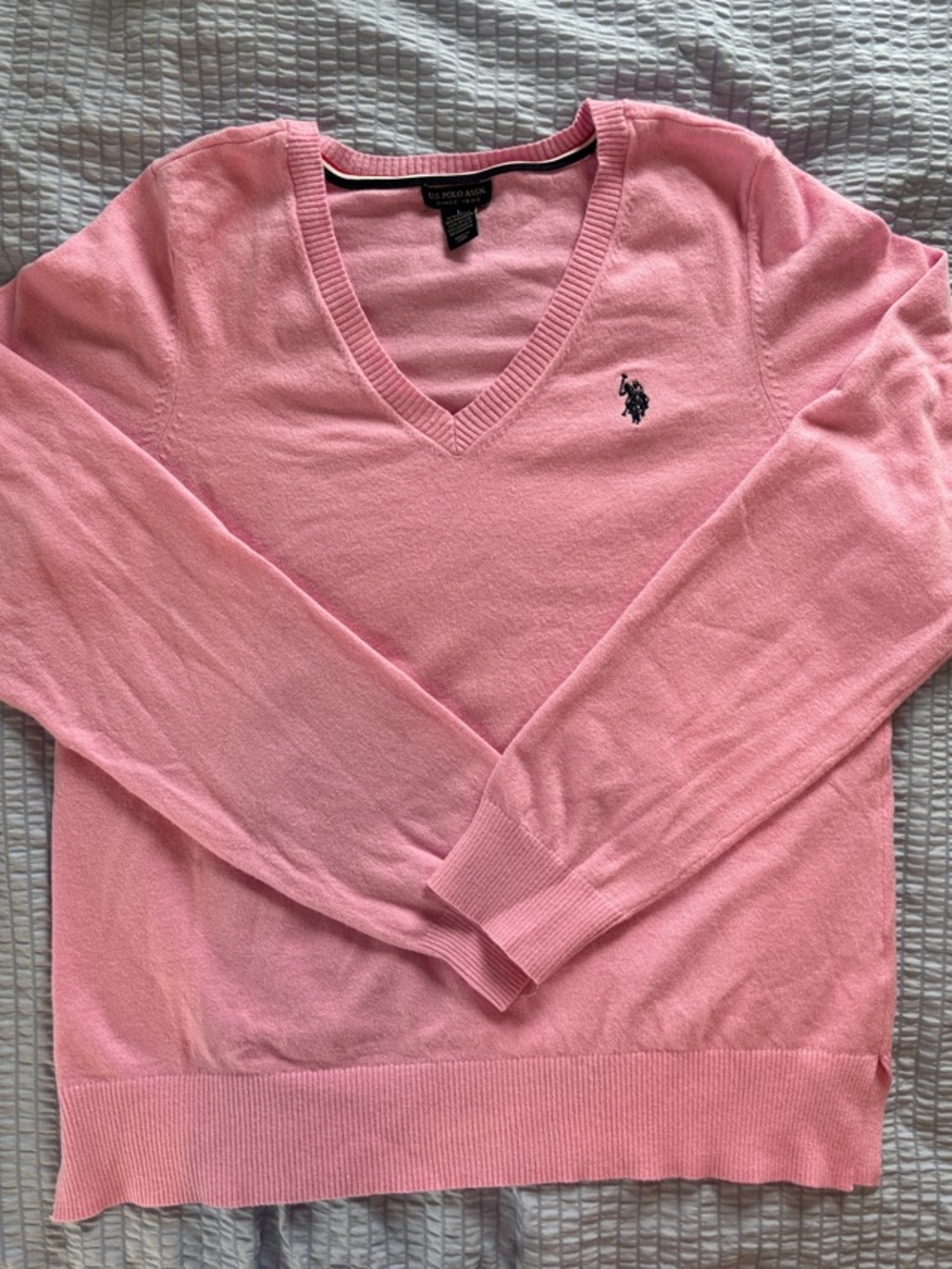 US Polo Assn. Women’s Pink V-Neck Sweater with Navy Pony